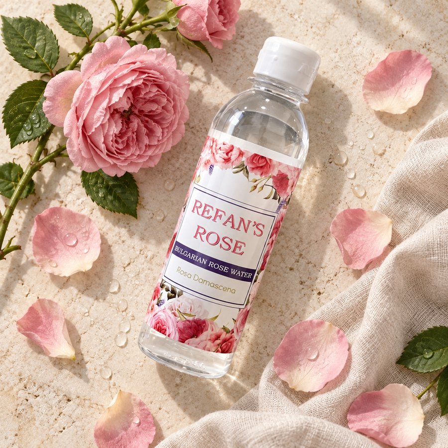 Refan's Rose rózsavíz kőlapon, rózsaszirmokkal