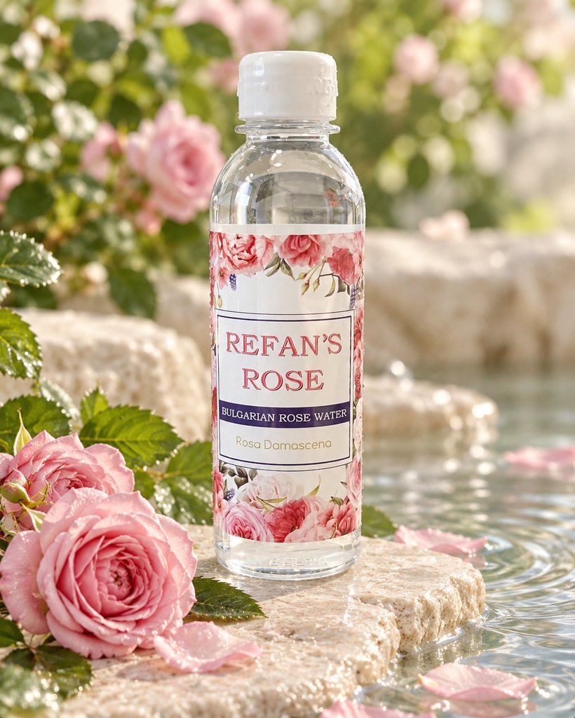 Refan's Rose bolgár rózsavíz üvege rózsák között, vízparton